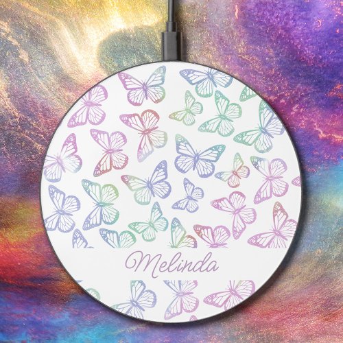  Cute Girly Butterfly Pastel Rainbow Add Your Name Wireless Charger