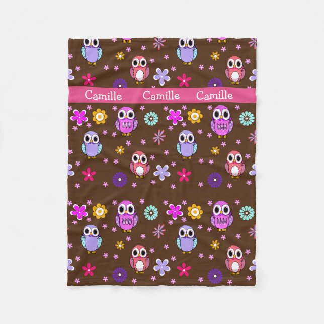 Cute Girly Cartoon Owls Fleece Blanket (Front)