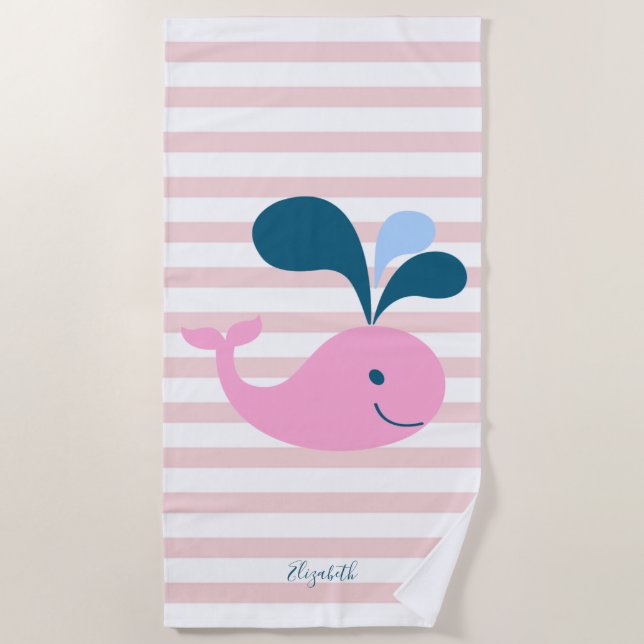 Cute Girly  Cartoon Whale, Stripes  -Personalized Beach Towel (Front)