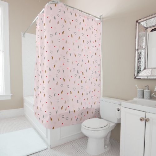 Cute girly cat and heart pattern pastel pink shower curtain