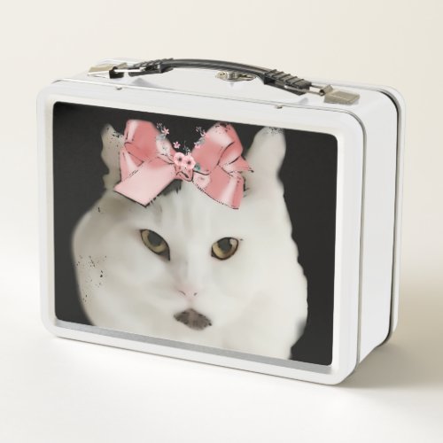 Cute Girly Cat Face Wearing Pink Bow Kids Metal Lunch Box