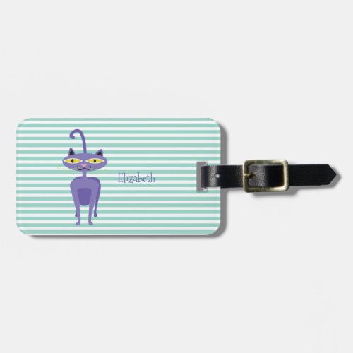 Cute Girly Cat  On Mint  White Stripes Luggage Tag