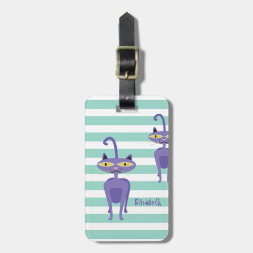 Cute Girly Cats On Mint  White Stripes Luggage Tag