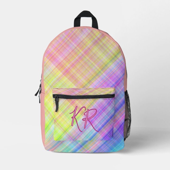 Cute Girly Checkered Plaid Initials Pink Pastel Printed Backpack (Front)