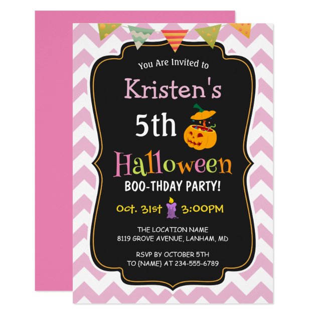 Cute Girly Chevron Kid's Halloween Birthday Party Invitation
