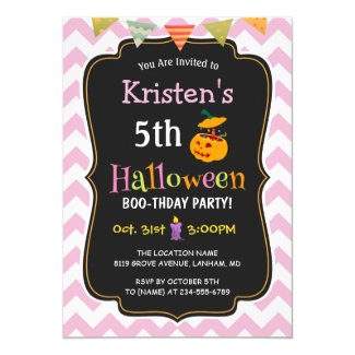 Cute Girly Chevron Kid's Halloween Birthday Party Card