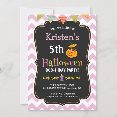Cute Girly Chevron Kid's Halloween Birthday Party Card