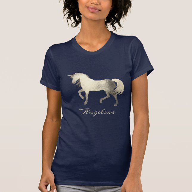 Cute Girly & Chic Silver Foil Unicorn Personalized T-Shirt (Front)
