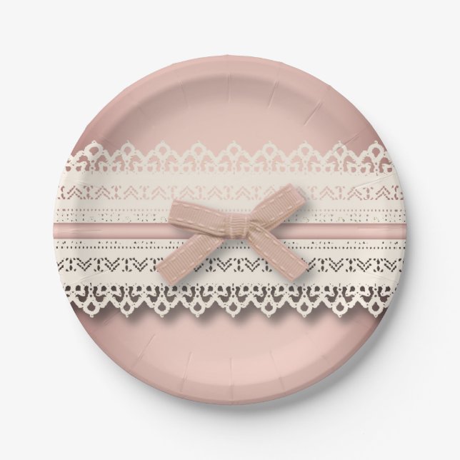cute girly chic white lace dusty rose pink bow paper plates (Front)