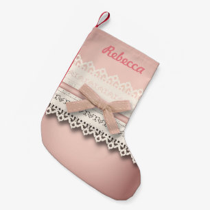 cute girly chic white lace dusty rose pink bow small christmas stocking