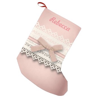 Cute Girly Chic White Lace Dusty Rose Pink Bow Small Christmas Stocking by cranberrysky at Zazzle