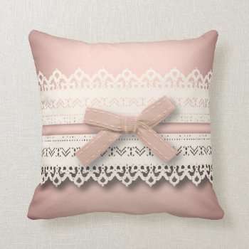 Cute Girly Chic White Lace Dusty Rose Pink Bow Throw Pillow by cranberrysky at Zazzle