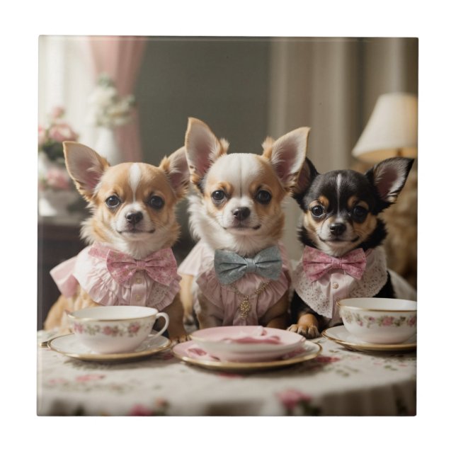 Cute Girly Chihuahua Tea Party  Ceramic Tile (Front)