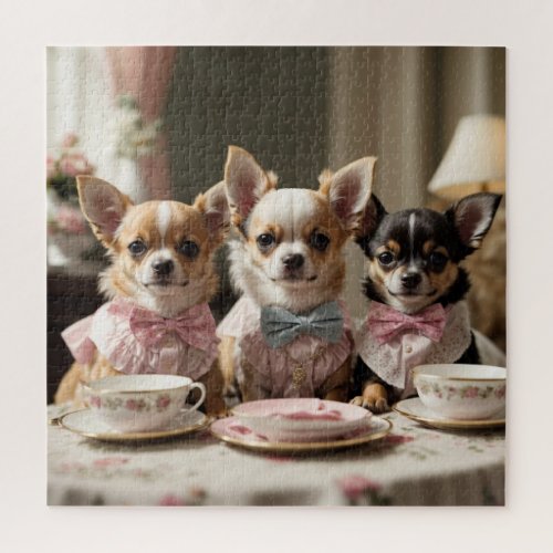 Cute Girly Chihuahua Tea Party  Jigsaw Puzzle