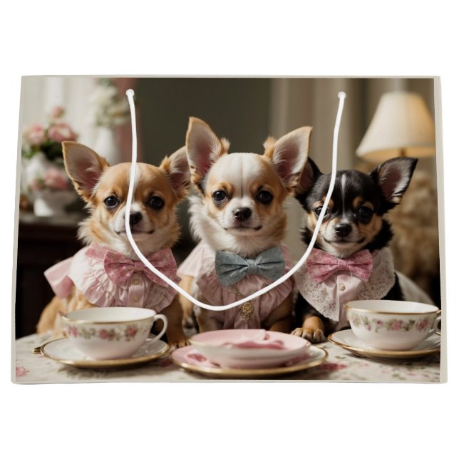 Cute Girly Chihuahua Tea Party  Large Gift Bag (Front)