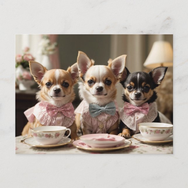 Cute Girly Chihuahua Tea Party  Postcard (Front)