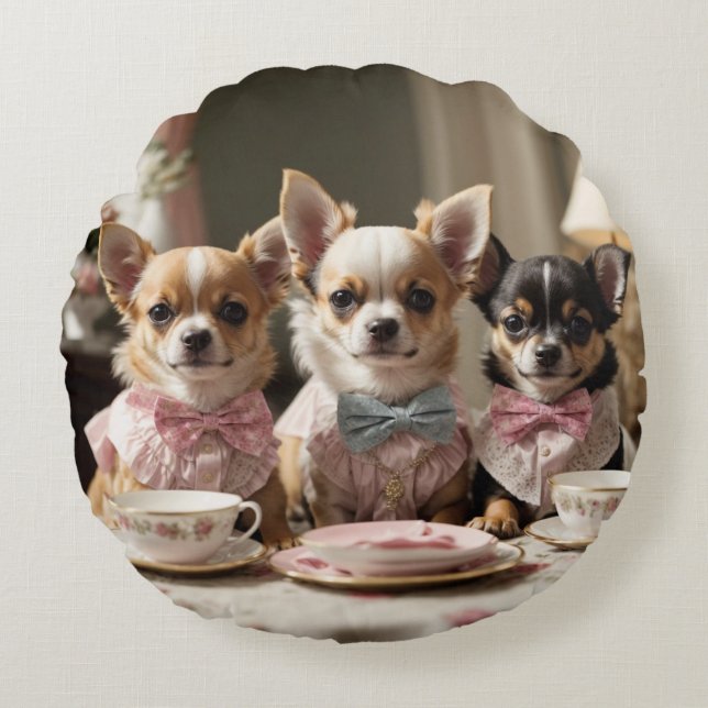 Cute Girly Chihuahua Tea Party  Round Pillow (Front)