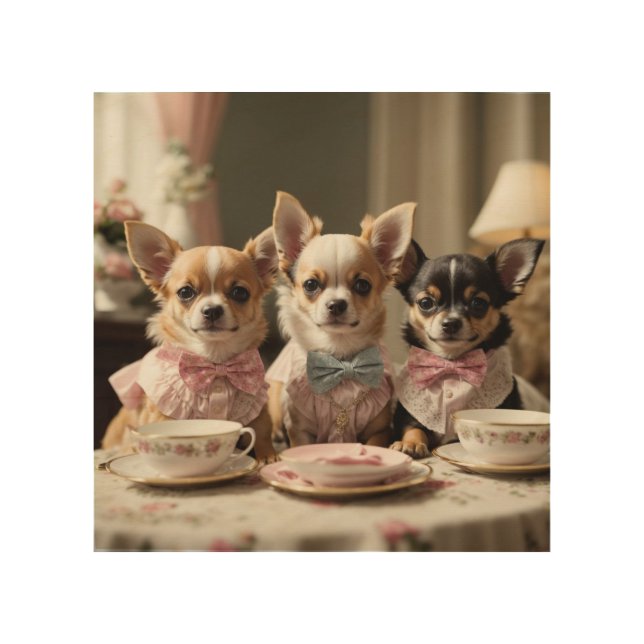 Cute Girly Chihuahua Tea Party  Wood Wall Art (Front)
