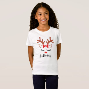 Cute girly Christmas Reindeer red bow nose lashes T-Shirt