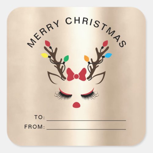 Cute Girly Christmas Reindeer Red Nose Face Classi Square Sticker