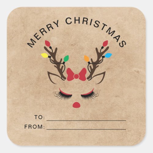 Cute Girly Christmas Reindeer Red Nose Face Classi Square Sticker