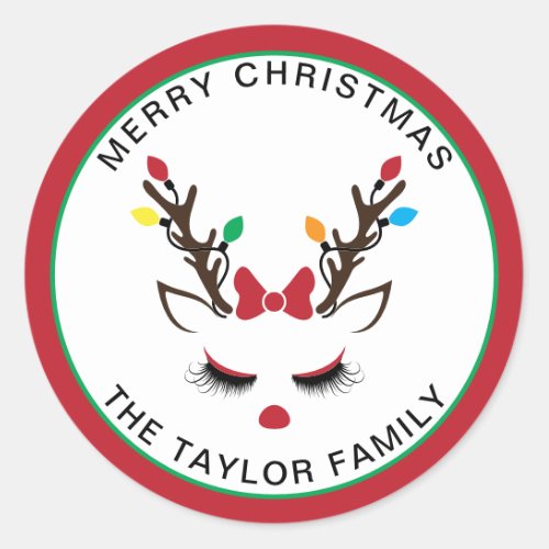 Cute Girly Christmas Reindeer Red Nose Face Classic Round Sticker