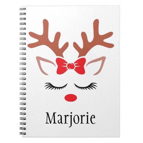 Cute girly Christmas Reindeer red nose lashes bow Notebook