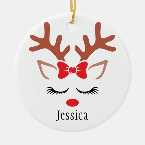 Cute girly Christmas Reindeer red nose lashes Ceramic Ornament