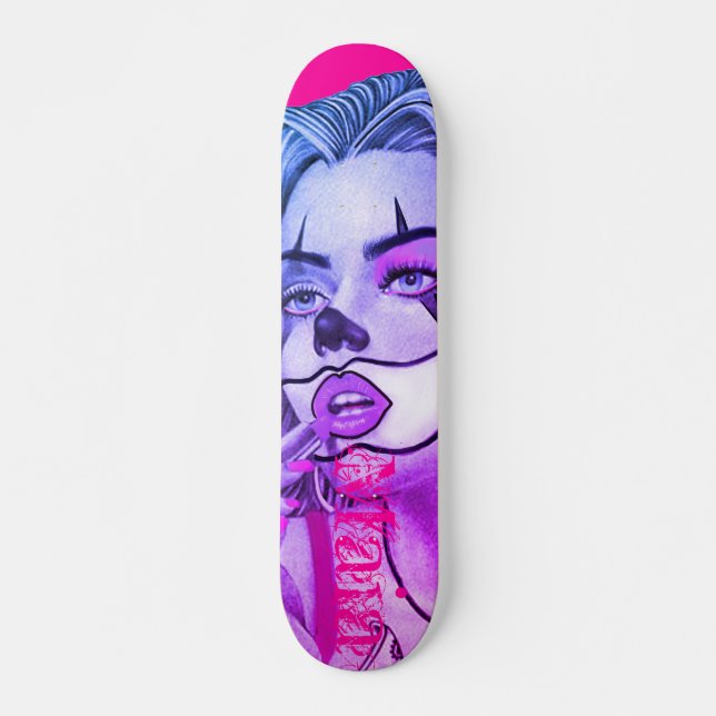Cute Girly Clown Makeup Pink Skateboard (Front)