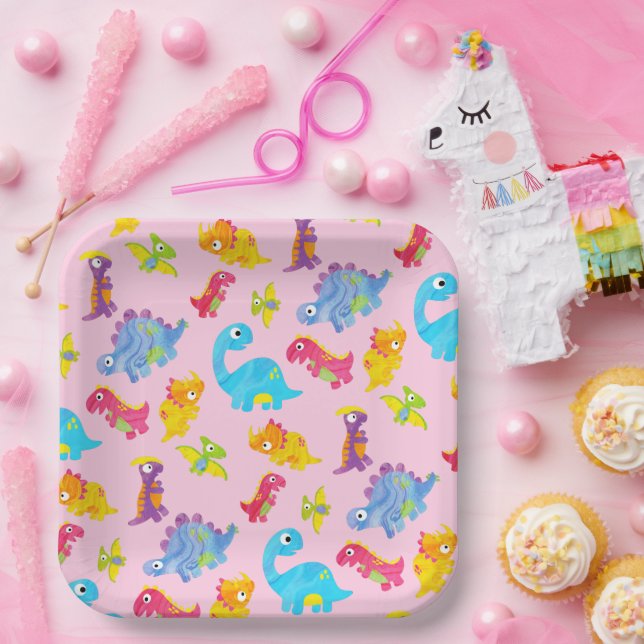Cute Girly Colorful Pink Dinosaur Theme Birthday Paper Plates (Party)