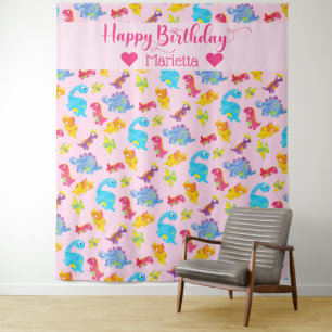 Cute Girly Colorful Pink Dinosaur Theme Birthday Tapestry