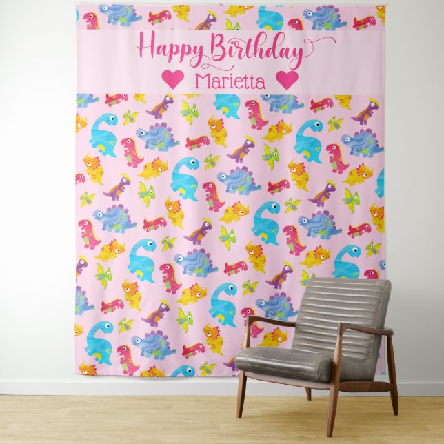 Cute Girly Colorful Pink Dinosaur Theme Birthday Tapestry (In Situ)