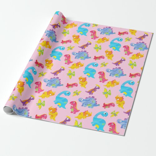 Cute Girly Colorful Pink Dinosaur Theme Birthday Wrapping Paper