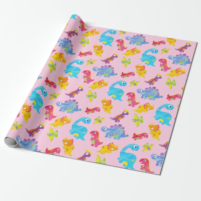 Cute Girly Colorful Pink Dinosaur Theme Birthday Wrapping Paper (Unrolled)