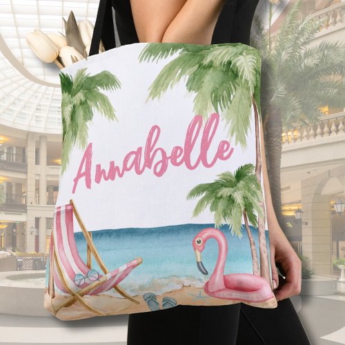 Cute Girly Colorful Pink Watercolor Tropical Beach Tote Bag