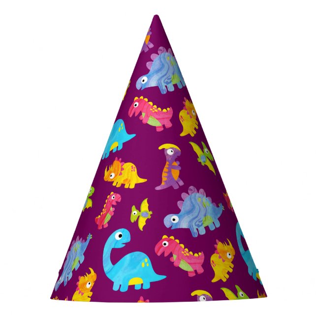 Cute Girly Colorful Purple Dinosaur Theme Birthday Party Hat (Front)