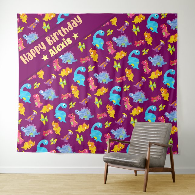 Cute Girly Colorful Purple Dinosaur Theme Birthday Tapestry (In Situ (Horizontal))