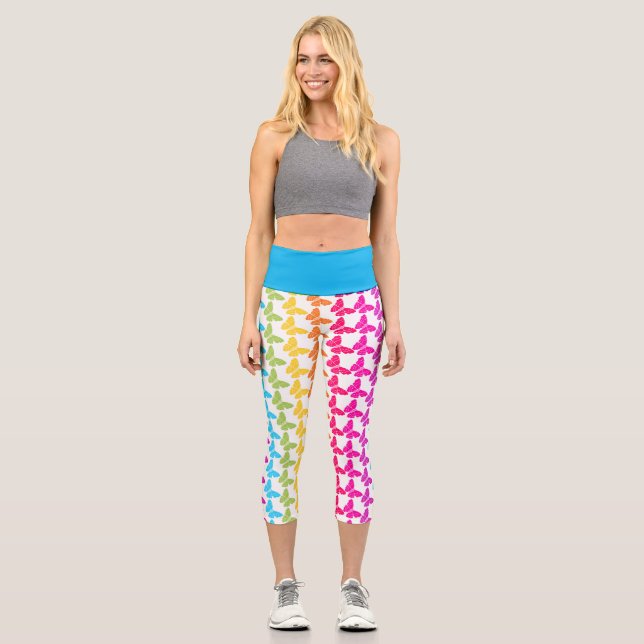 Cute Girly Colorful Rainbow Butterfly Pattern  Capri Leggings (Front)
