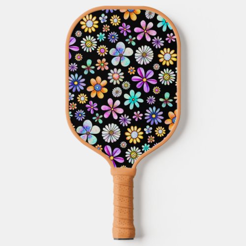 Cute Girly Colorful Retro Flower Power Pattern Pickleball Paddle