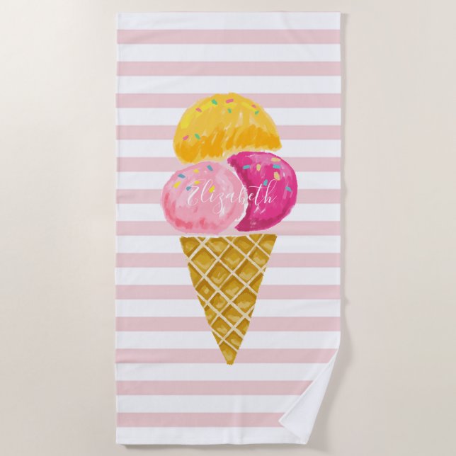 Cute Girly Cool Ice Cream Pink Stripes  Beach Towel (Front)