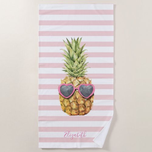 Cute Girly Cool Pineapple Pink Stripes  Beach Towel