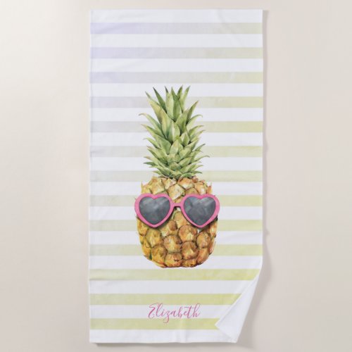 Cute Girly Cool Pineapple Stripes  Beach Towel