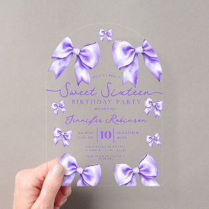 Cute Girly Coquette Bow Sweet 16 Birthday Purple Acrylic Invitations