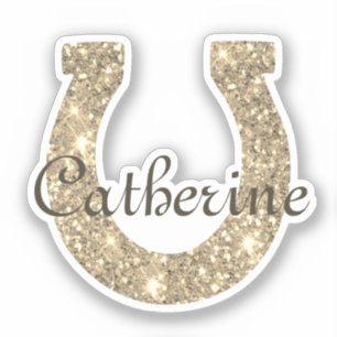 Cute Girly Coquette Gold Glitter Horseshoe Name Sticker