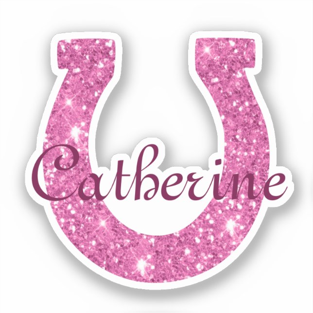 Cute Girly Coquette Pink Glitter Horseshoe Name Sticker (Front)