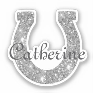 Cute Girly Coquette Silver Glitter Horseshoe Name Sticker