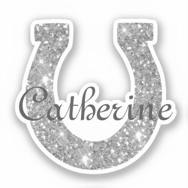 Cute Girly Coquette Silver Glitter Horseshoe Name Sticker (Front)