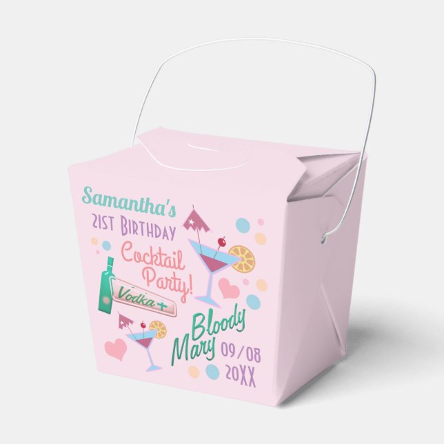 Cute Girly Custom 21st Birthday Cocktails Favor Boxes (Front Side)
