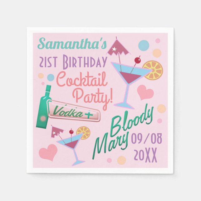Cute Girly Custom 21st Birthday Cocktails Napkins (Front)
