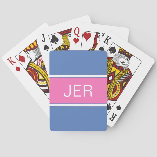 Cute Girly Custom Monogram Initials Blue Pink   Poker Cards (Back)